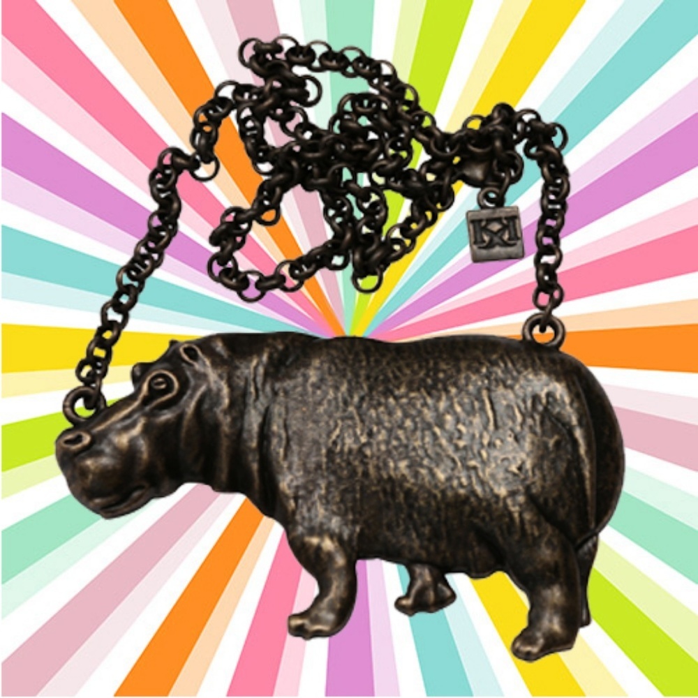 Hot Hippo Necklace Hippopotamus Jungle Jewelry Antique Brass Finish